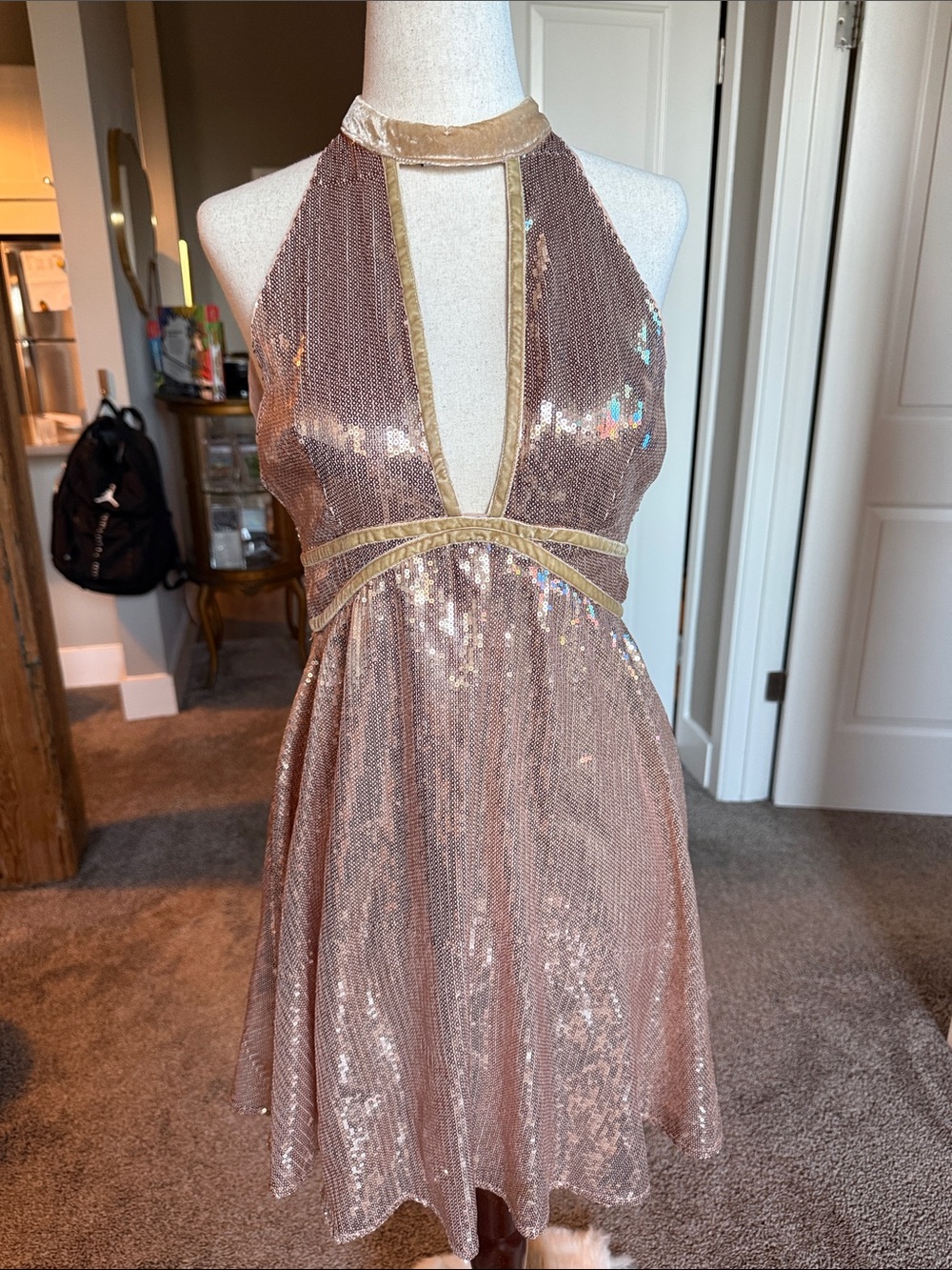 Free People Rose Gold Sequin Halter Dress